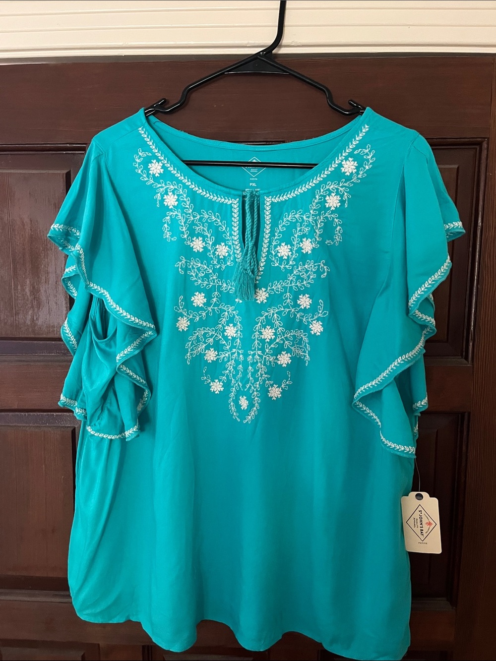 Embroidered St. John’s Bay Teal Flutter Sleeve Rayon Top, New w/ Tags Petite XL